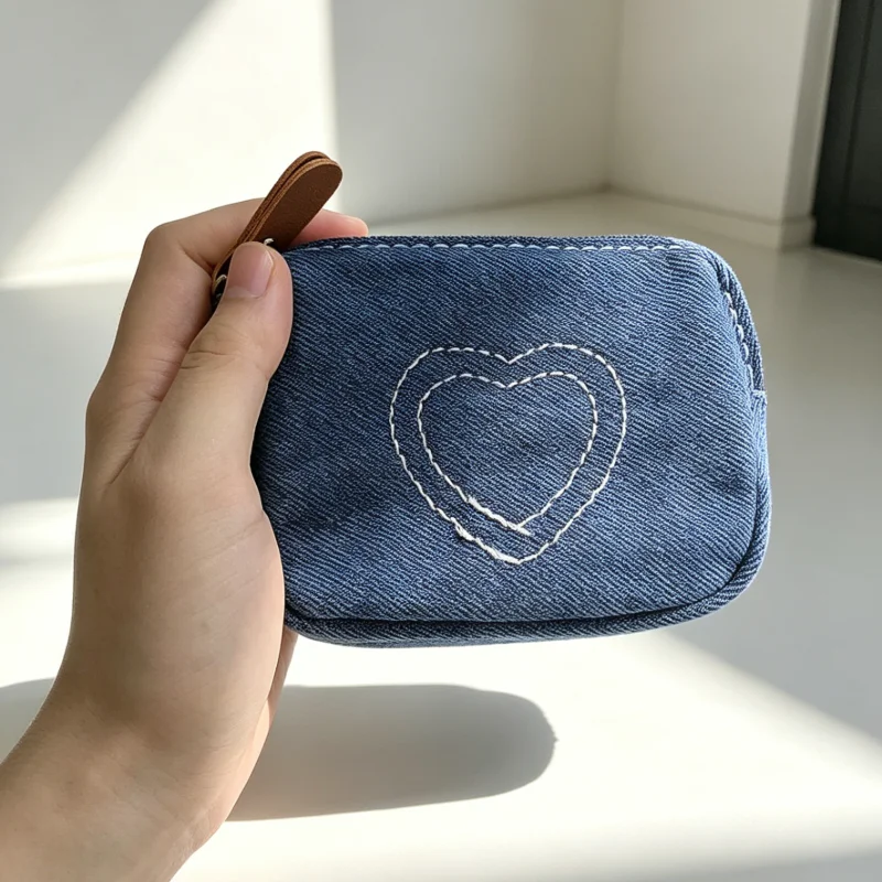 WERLLANDS Denim Style Heart Embroidered Canvas Coin Purse