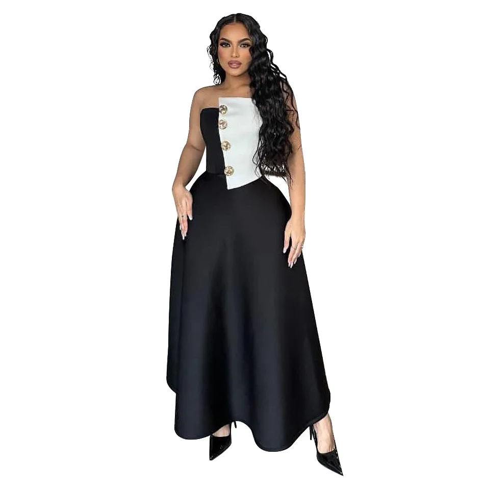 

EINY Elegant Women's Strapless Dress Set Button Crop Tops & A-Line Siwng Maxi Skirts Suit Vacation Two 2 Piece Set Outfit Traf