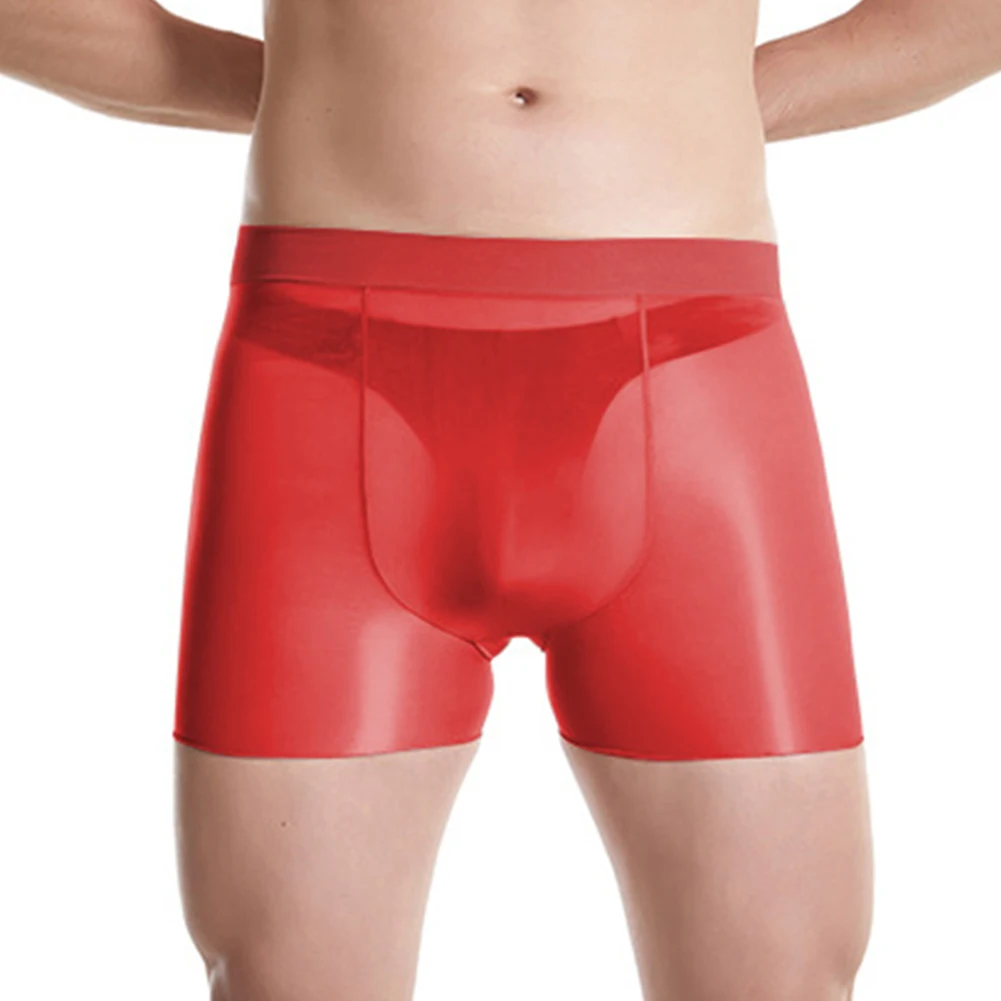 Boxer Briefs Men Underwear Daily Breathable Elastic High Glossy Lingerie Nylon Oil Shiny Panties Pouch See Through
