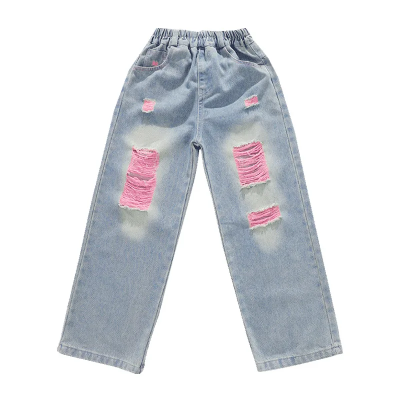 Mädchen Streetwear Street Dance T-shirt Rosa Lose Jeans Hip Hop Kleidung für Kinder Jazz Zerrissene Denim Hosen Outfits Teen Kostüm