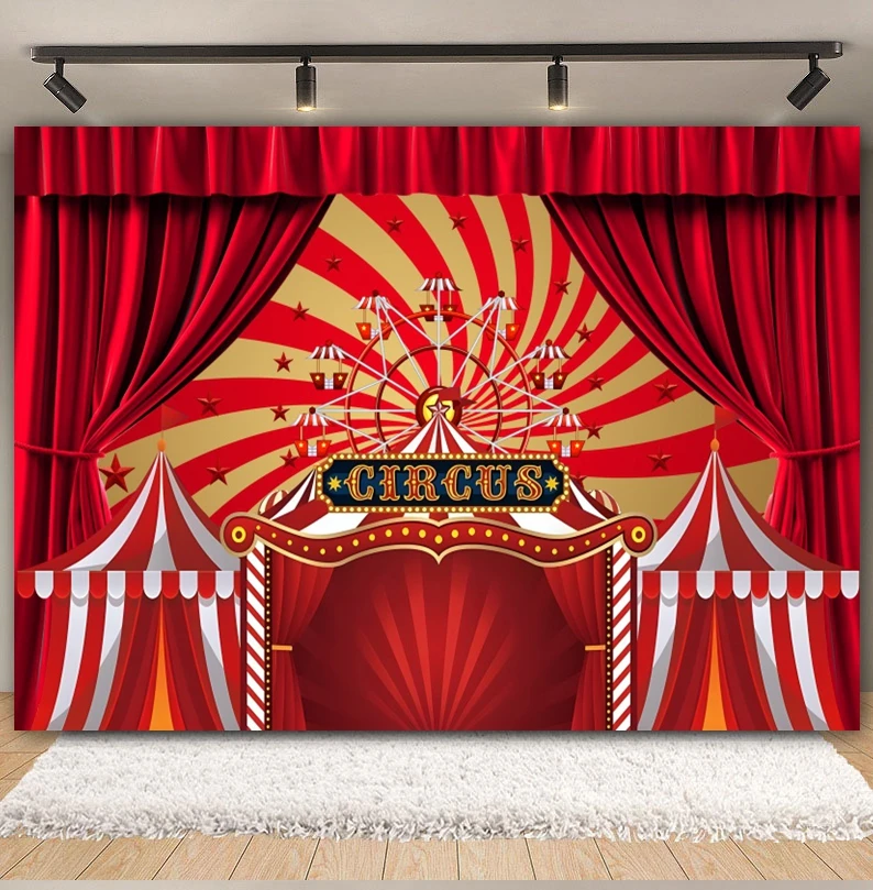 Circus Theme Backdrop Red Tent Ferris Wheel Carousel Hot Air Balloon Baby Birthday Party Photography Background Decor Photo Prop