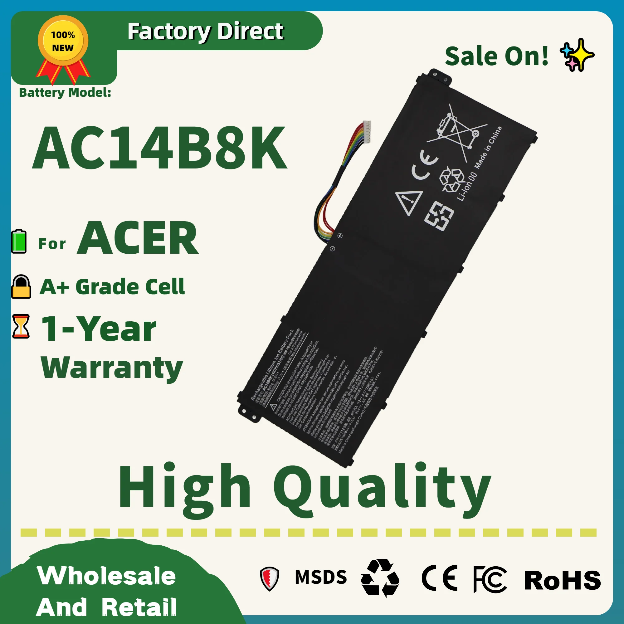 Factory Direct! AC14B8K Laptop Batteries for Acer Aspire V3-111 ES1-731 E5-771G V3-371 CB3-111 CB5-311 ES1-511 ES1-512 ES1-520