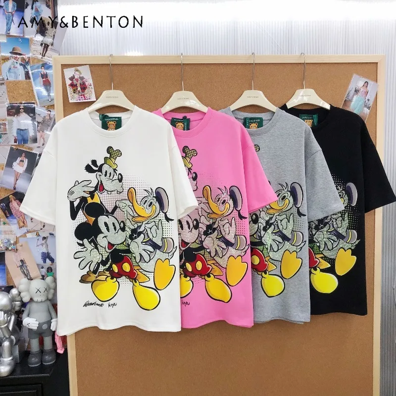 

Новая модная свободная хлопковая футболка с коротким рукавом, тяжелая отделка стразами, мультяшный принт, топ средней длины, пуловер