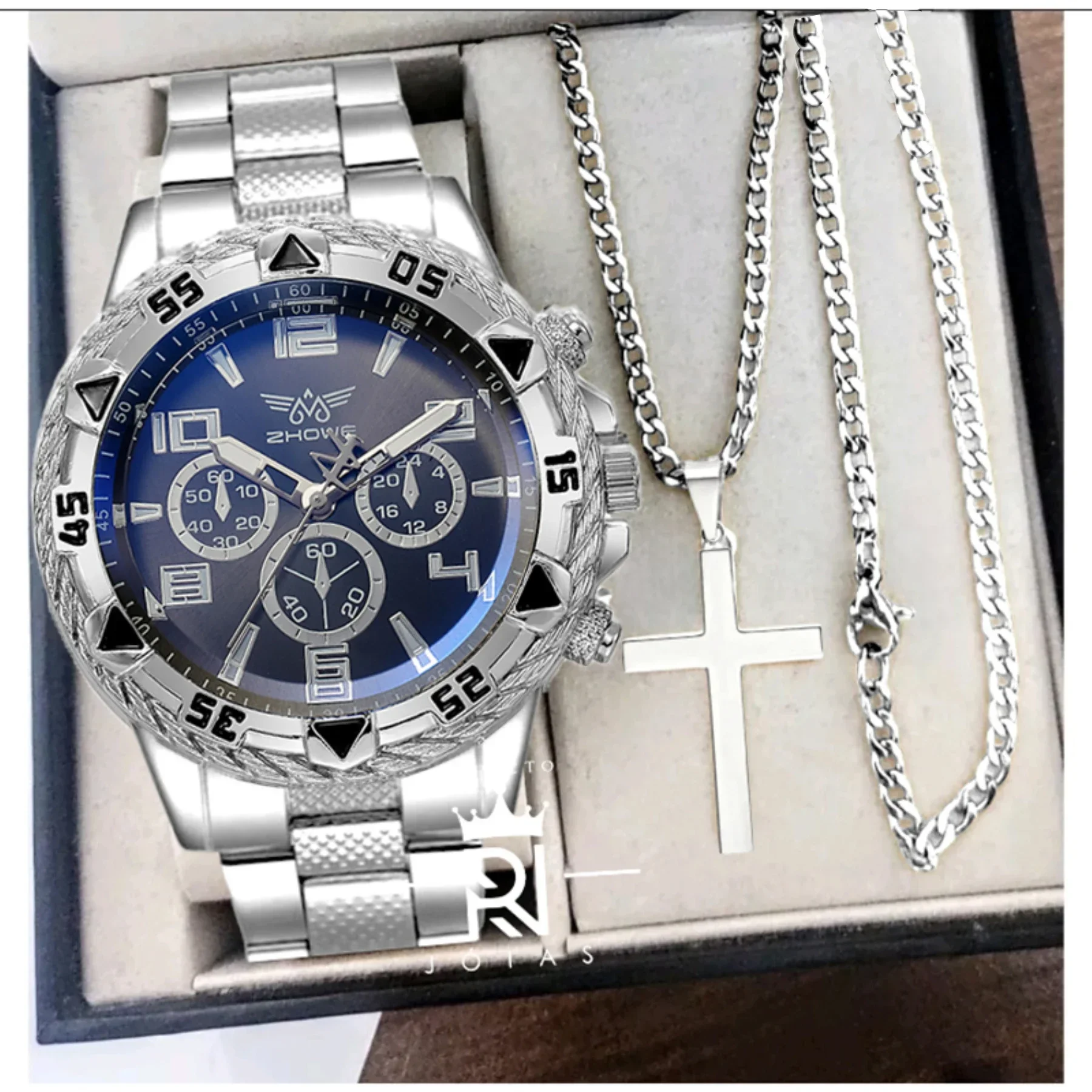 Luxury Business Men's Watch Set, Round Blue Dial Alloy Case Analog Quartz Watch with Cross Chain Necklace, Birthday Gift for Him