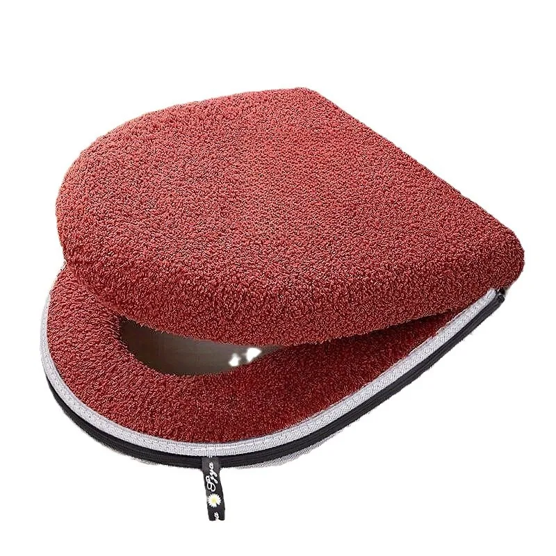 2Pcs Universal Plush Toilet Seat Cover Set Zipper Washable Warm Toilet Cushion With Lifting Handle Bathroom Supplies