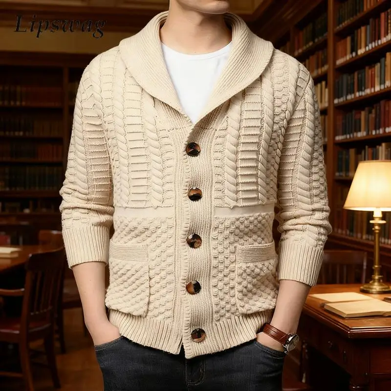 

Men's Shawl Collar Cardigan Sweater Knit Button-Down Knitted Jacket with Pockets Vintage Casual Warm Outerwear for Autumn Winter