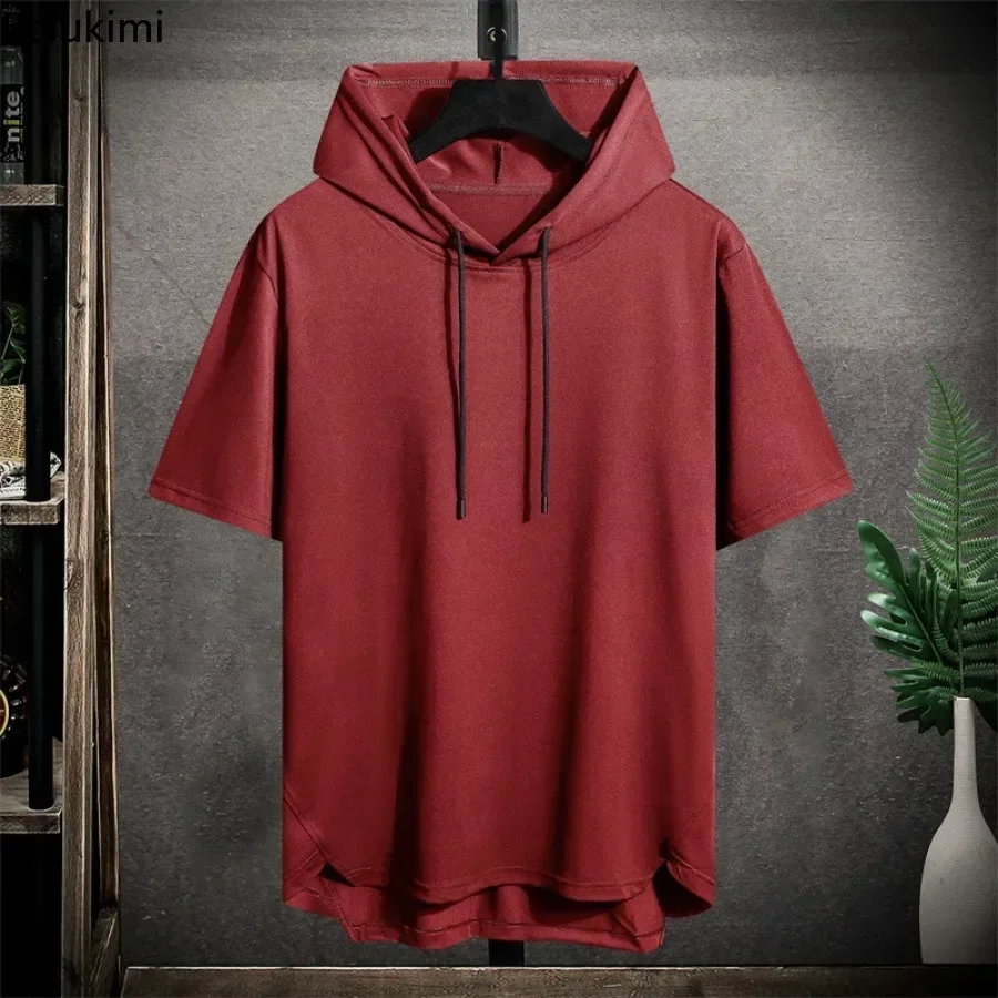 2024 Men's Summer Hoodies T-shirts Short Sleeve Solid Color Loose Hooded Drawstring Pullover Tops Basic Tees for Daily Wear Male