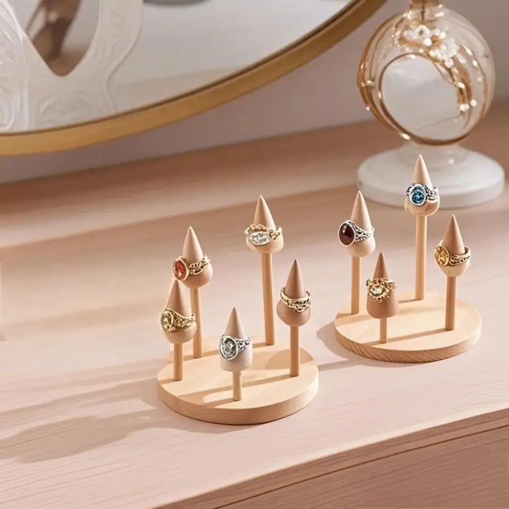 Solid Wood Material Ring Display Stand Smooth Polished Conical Shape Finger Ring Holder Multi Slots Design Jewelry Organizer