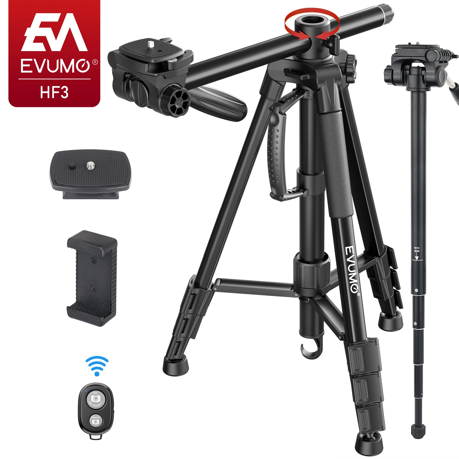 EVUMO HF3 Professional Horizontal Tripod Max 1.67M Lightweight Travel Aluminum Tripod Stand Bluetooth for Canon Nikon Sony Phone