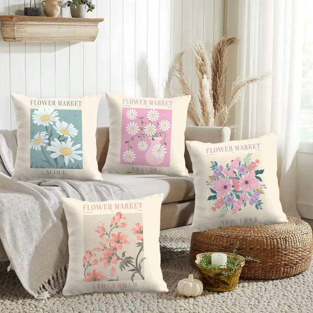 Classic Flower Market Cushion Cover Double-Sided Printed Organic Linen Pillow Cover, Decorative for Sofa Home