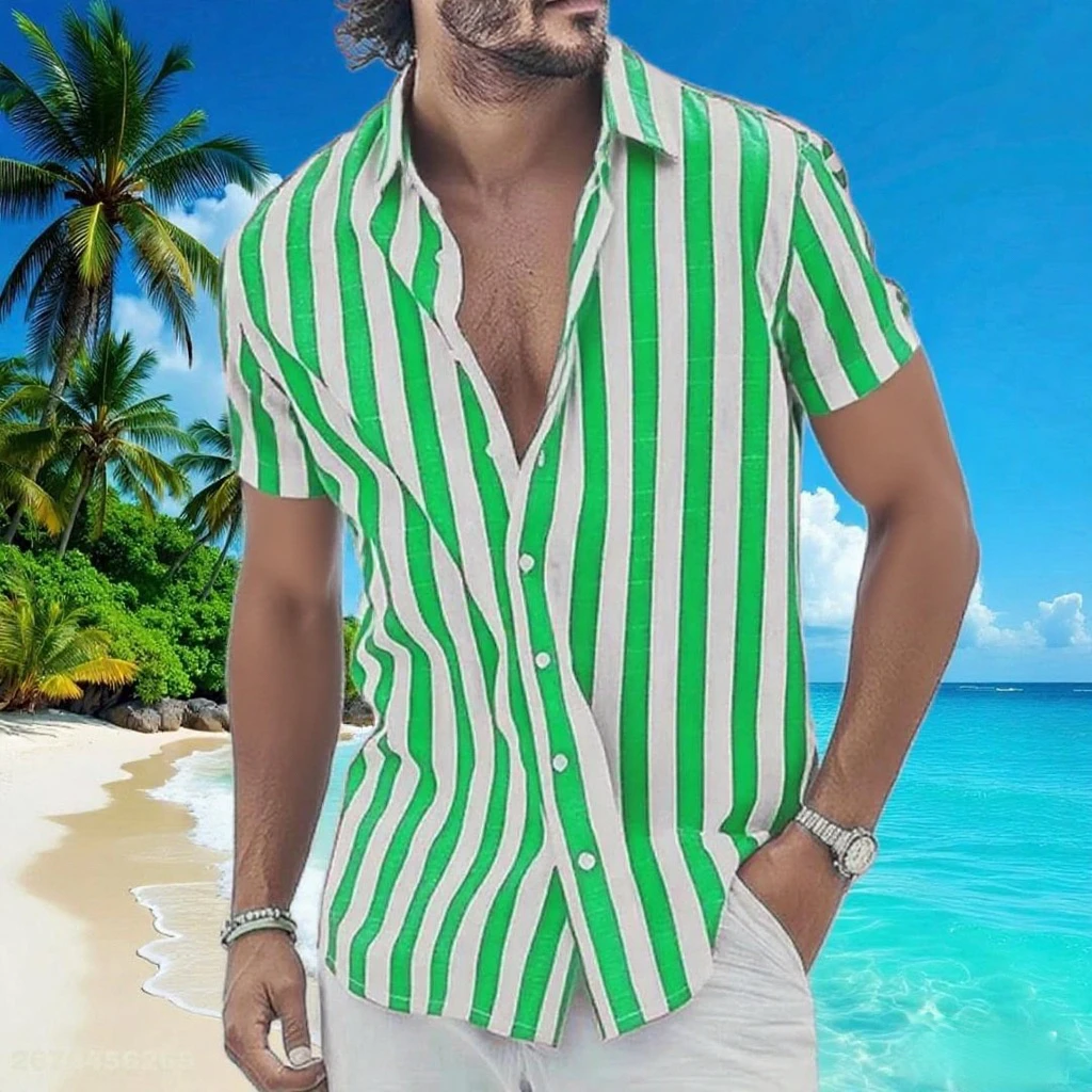 Men's Multicolor Geometric Striped Button Short Sleeve Shirt Fashionable and Comfortable Fabric Daily Beach Vacation Shirt