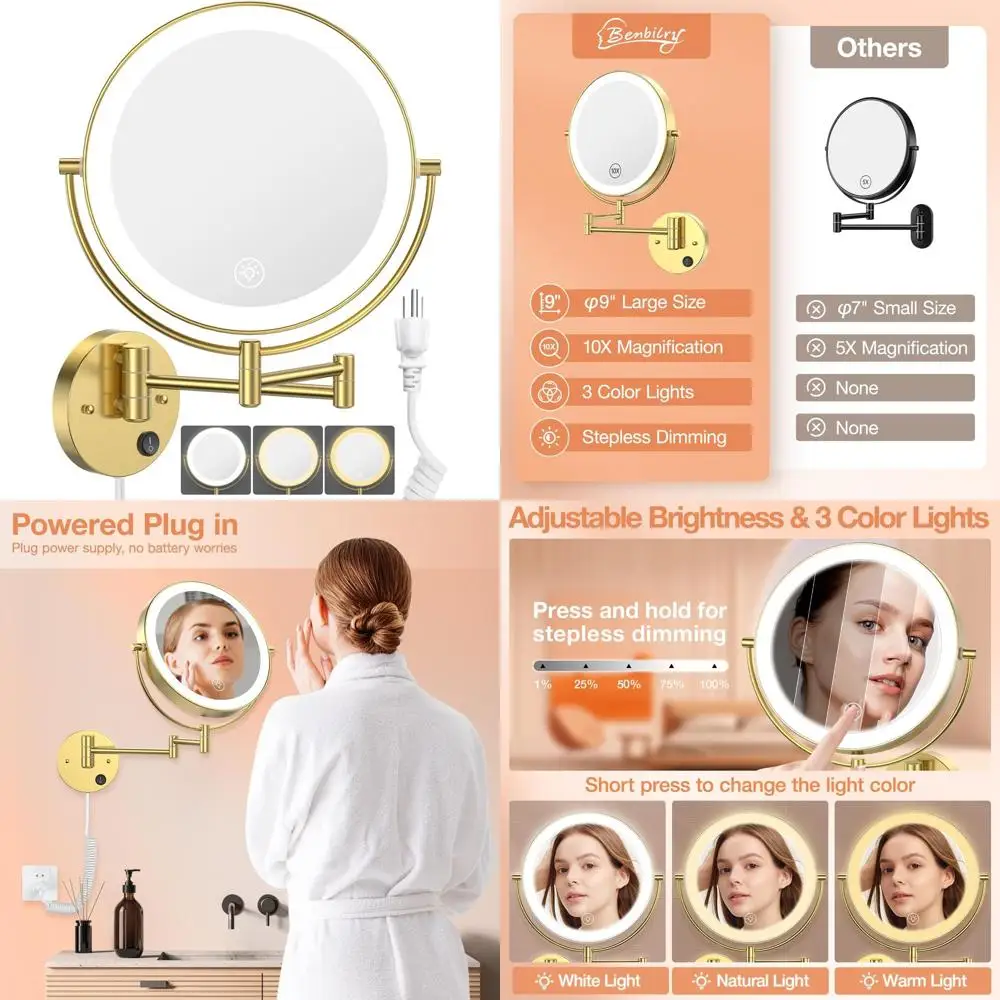 9 مرآة مكياج مضيئة على الحائط على الوجهين مع تكبير 1X/10X، ضوء 3 ألوان، تعتيم باللمس، 360 درجة ° ذراع دوار، ذهبي #1