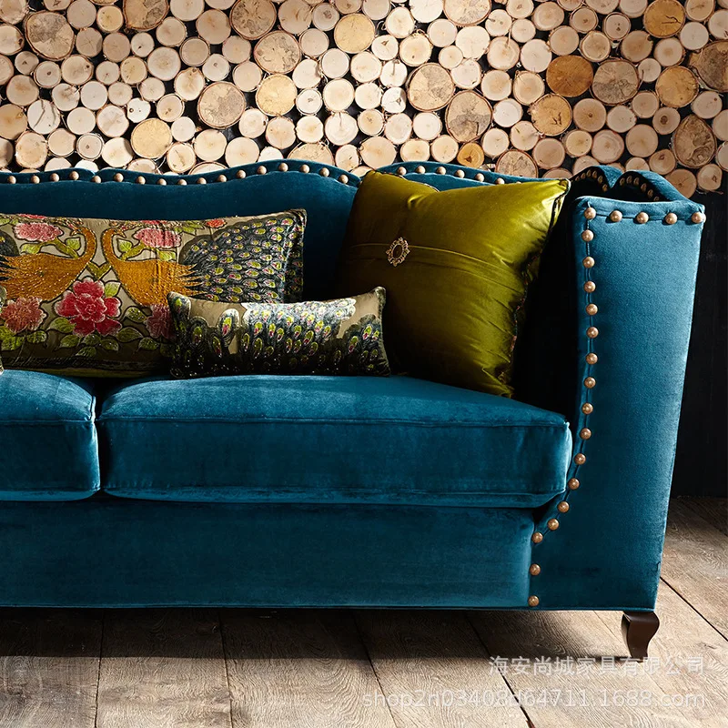 American country blue flannel soft bag sofa European simple small apartment living room fabric three-person sofa wholesale