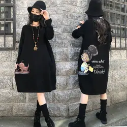 Women Autumn Winter Fashion Loose Printing O-neck Long Sleeve Fleece Sweatshirts Women Clothes Simplicity Appear Thin Midi Dress