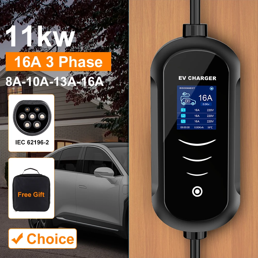 

Portable EV Charger 11KW 3Phase Type 2 IEC-62169 Plug Adjust Current 16A EVSE Charging Cable For Hybrid Eletric Vehicle Cars