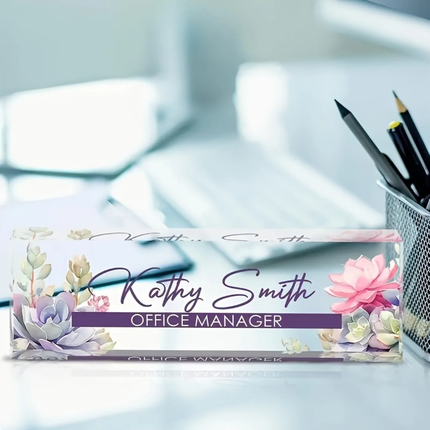Custom 2D Acrylic Desk Name Plate, Succulent Plant Design, Home Decor, Ideal Gift (Only Decoration)