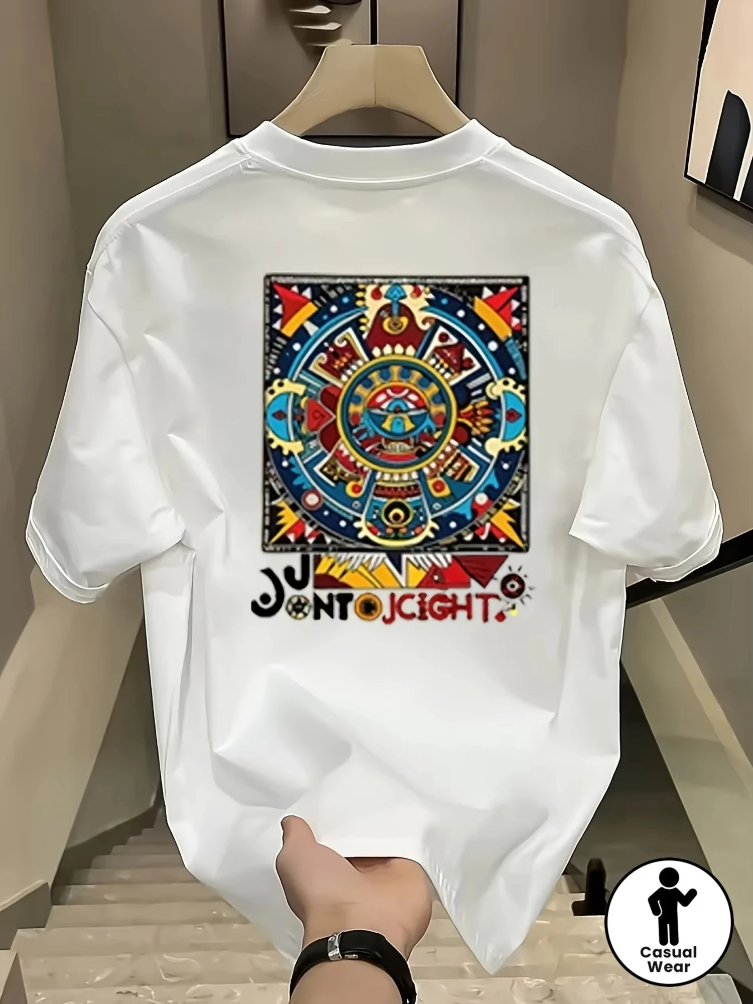 Men 100% Cotton Colorful Sun Calendar Tribal Pattern Print T Shirts Summer Ethnic Mysterious Style Casual Short Sleeve Tops