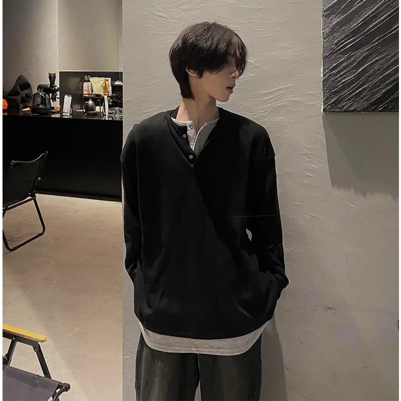 

Henry collar gray long-sleeved T-shirt men spring and autumn American retro fake two-piece right shoulder sweatshirt heavy base