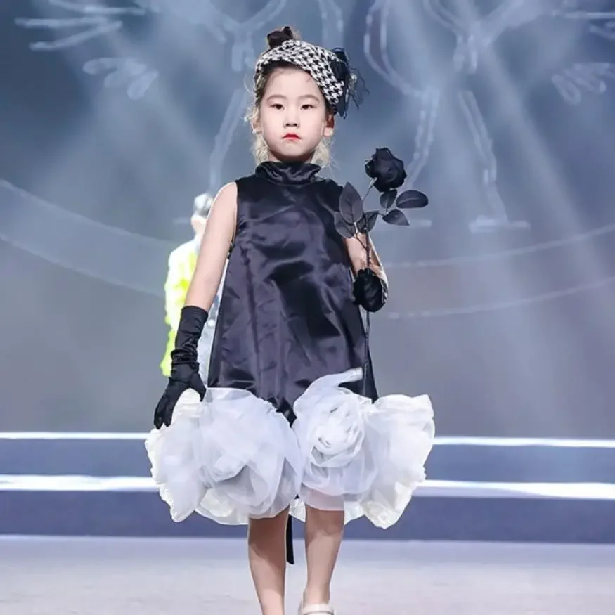 

Summer New High-End Flower Girl Dresses Black Hepburn Style Flower Sleeveless Vest Dresses A3954 Brithday Party Gown Vestidos