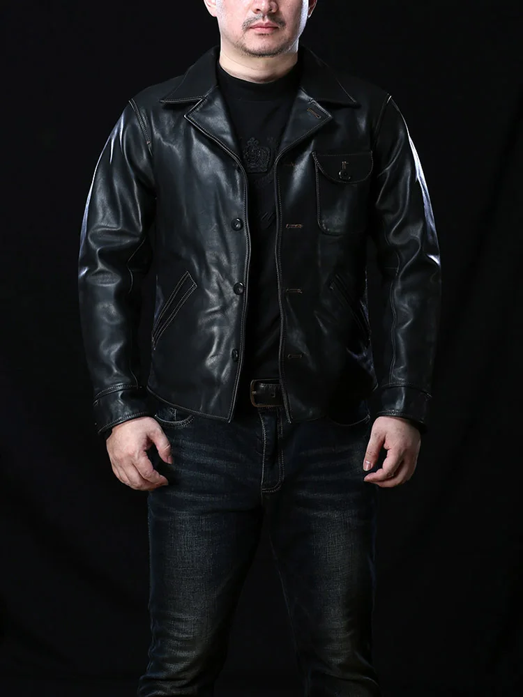 

YR!Free shipping.Black oil wax horsehide jacket,Mens classic safari style leather coat.quality vintage clothing.