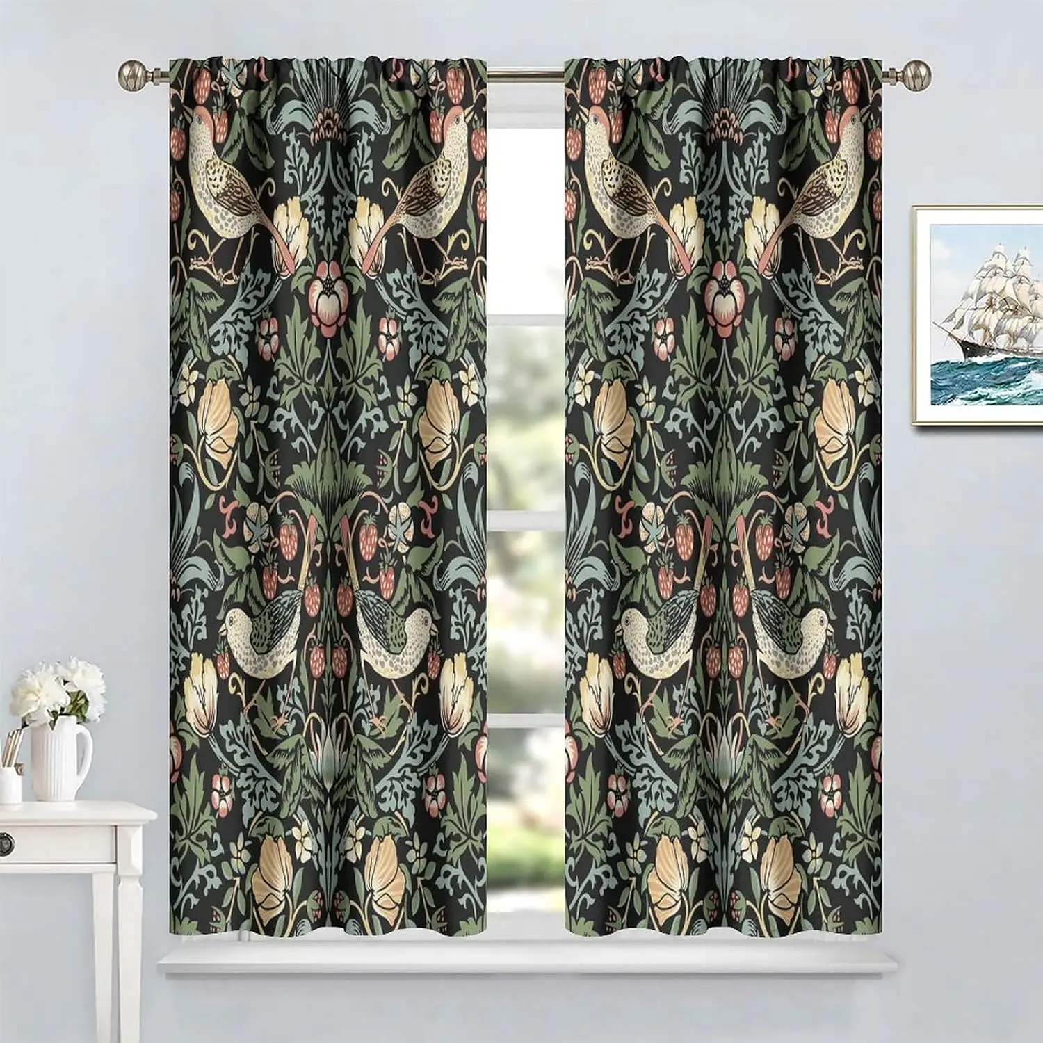 Classic Morris Strawberry Thief Curtain 2 Panels Mixed Bird Strawberry Leaf Floral Pattern Inn Chic Dark Retro Bedroom Curtains