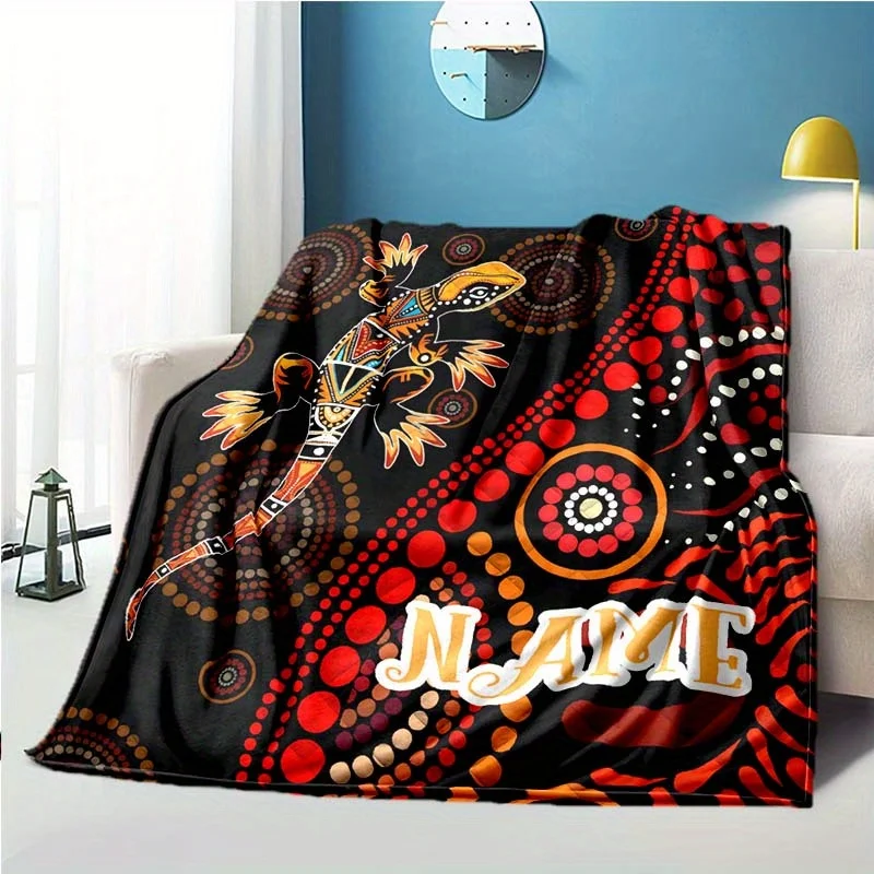 Custom Australian Aboriginal Art Blanket Personalized Name Lizard Dot Painting Fleece Throw All Season Soft Warm Bedding Home