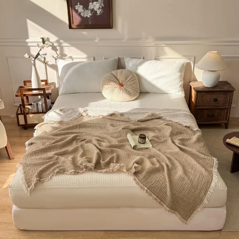 Spring and summer cotton pure cotton four-layer yarn multi-functional blanket simple fringed blanket air conditioner blanket