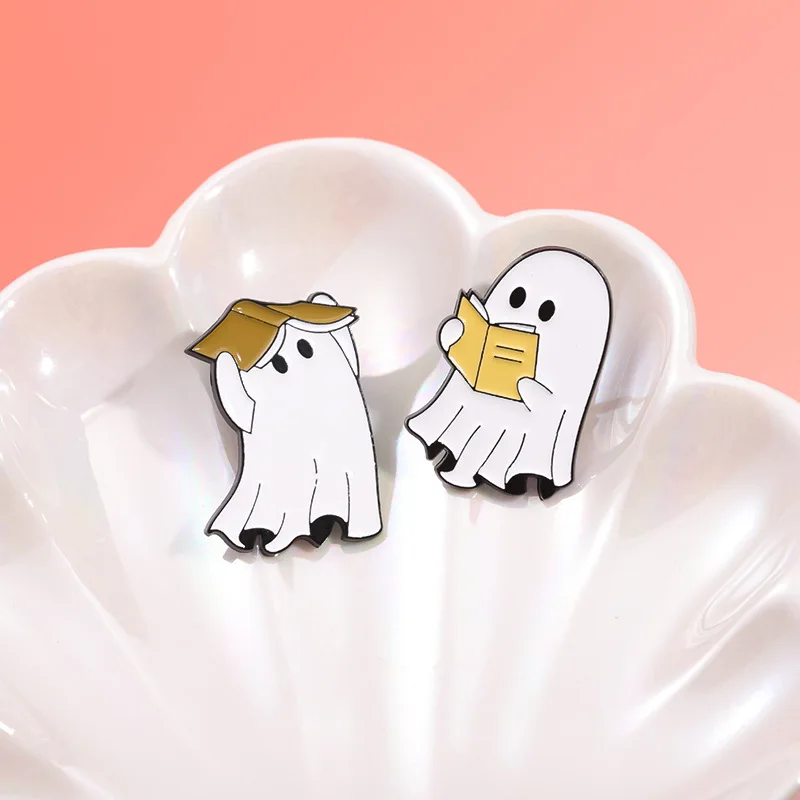 Cartoon Cute Ghost Reading Series Metal Badge Fun Halloween Peripheral Letter Brooch with Accessories