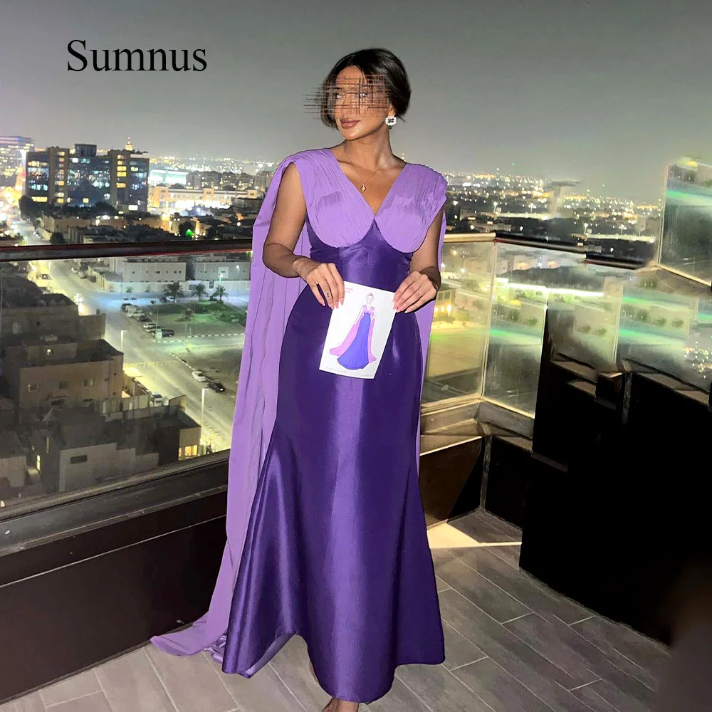 

Sumnus Purple Mermaid Saudi Arabic Evening Dresses with Cape Satin Dubai Formal Women Gowns Floor Length Evening Party Dress