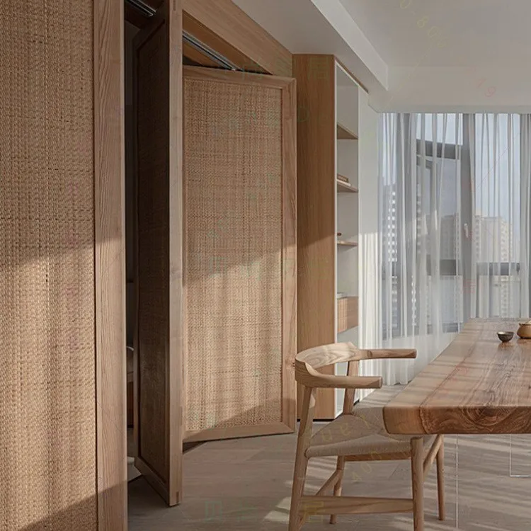 Customizable screen Japanese simple solid wood rattan door rotating blocking partition door bedroom balcony rotating screen door