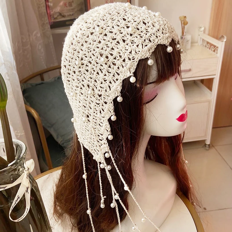 

Women's Handmade Crochet Hats Y2K Fashion Hollow Knitted Lady Beanie Cap Pearl Beads Tassels Chic Skullies Beanies Hat For Women