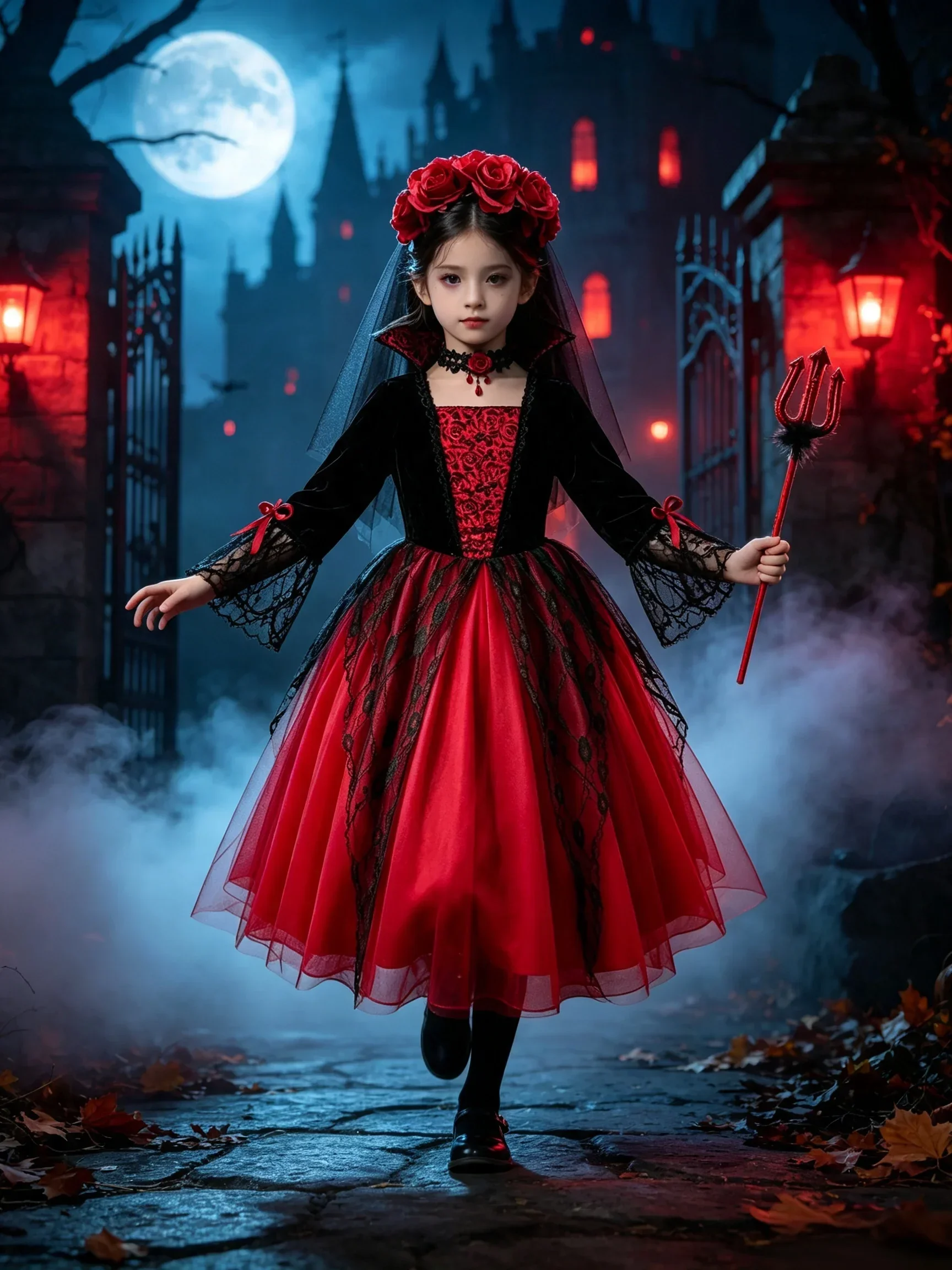 Mädchen Cosplay Halloween Vampir-Teufel-Kleid für Kinder Geisterbraut Gothic-Kostüm Vampir-Karnevals-Outfits Schwarze Rote Netzkleidung – Detail 4