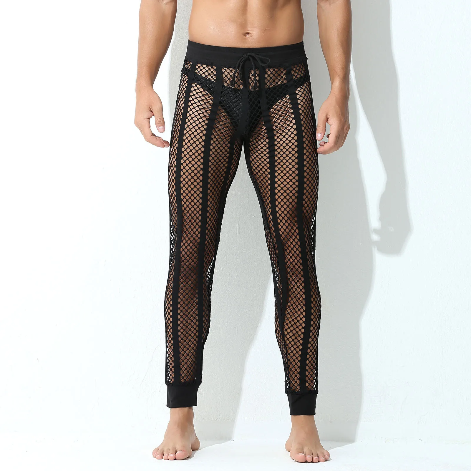 

Pantalones Hombre Summer Men Sexy Fishnet Hollow Out Trousers Perspective Breathable Pajamas Mesh Striped Nightclub Party Pants