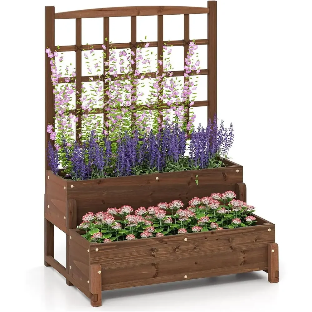 2-Tier Elevated Garden Planter with Legs and Trellis, Rustic Brown, Ideal for Outdoor Vegetable, Fruit, and Herb Growing