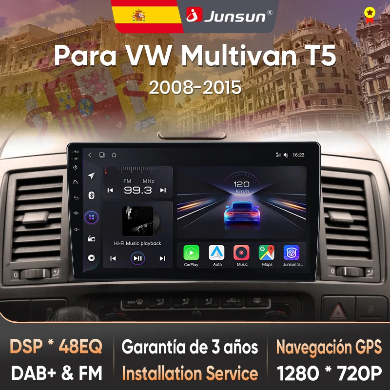 Autoradio Junsun pour VW Multivan T5 2008-2015, CarPlay sans fil, Android Auto, systèmes intelligents, écran tactile IPS, DSP, navigation GPS, WiFi, DAB+ RDS, FM/RAM, BT, SWC, Plug and Play, lecteur multimédia 2DIN