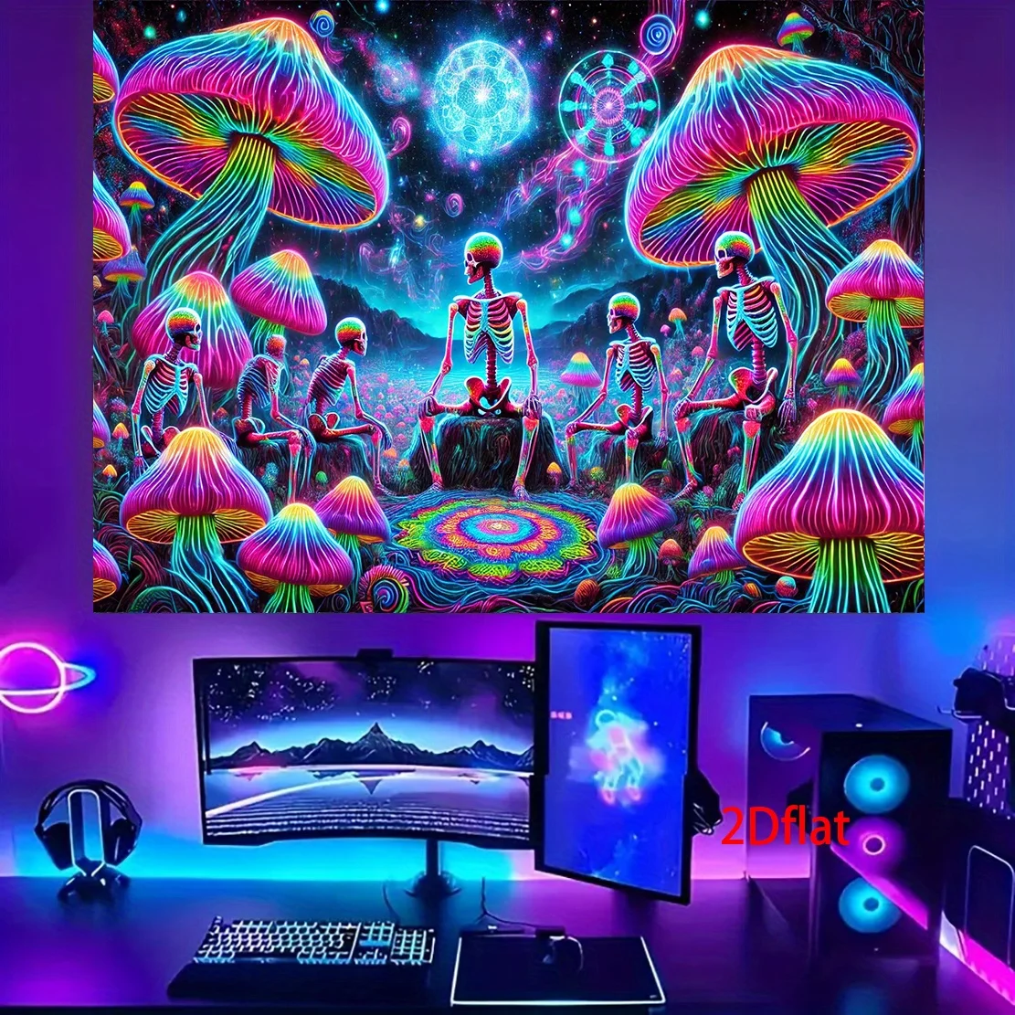 VIKAMA Mushroom Skull Tapestry Neon Nebula Fantasy Living Room Sofa Backdrop Trendy Room Decor