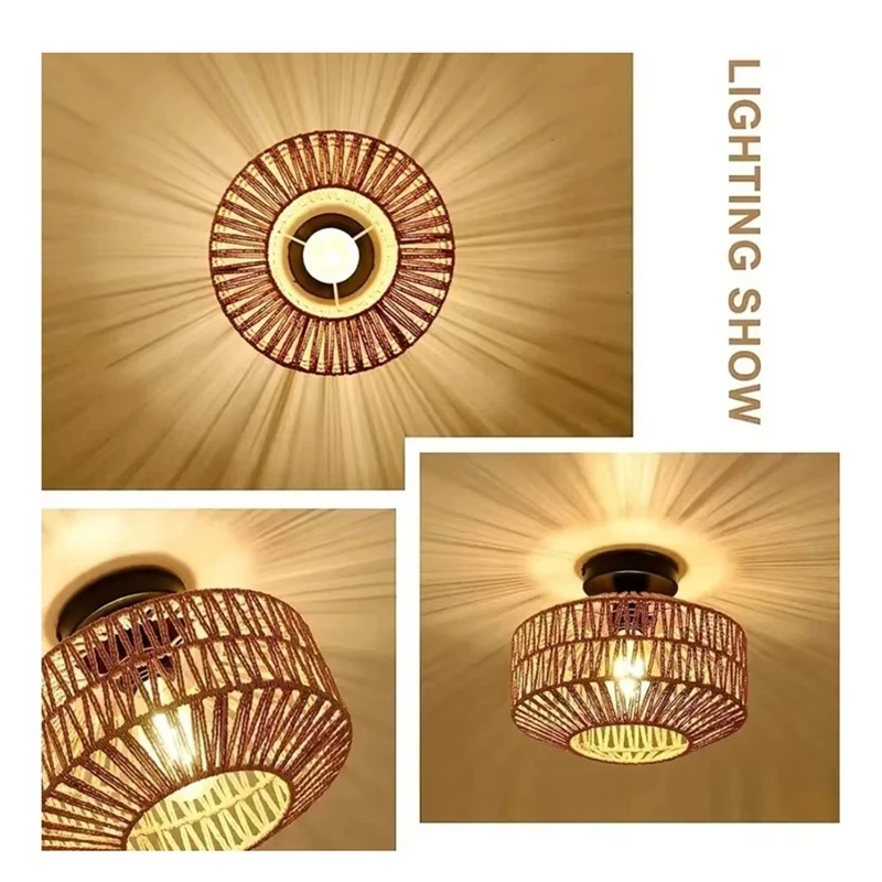 ثريا كلاسيكية للمزرعة الفرنسية - قش وظل منسوج يدويًا مع إطار من الحديد المطاوع، إضاءة سقف ريفية للمقاهي - A50M #5