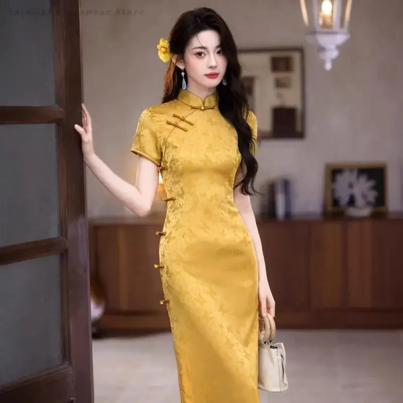 

Plus Size 3XL Cheongsam Summer Satin Exquisite Butterfly Jacquard Qipao New Chinese Style Daily Casual Dress Bride Morning Gown
