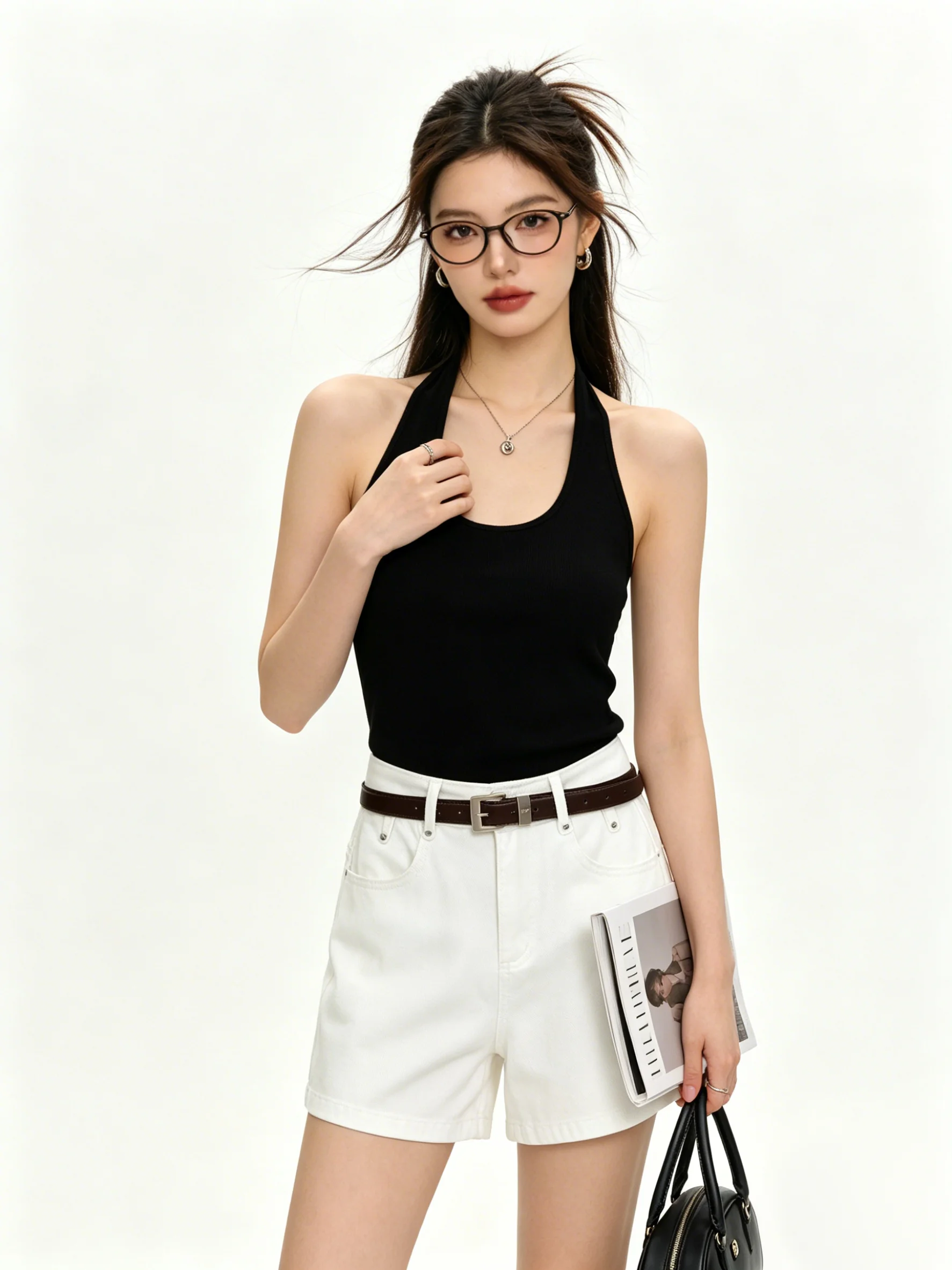 Korean Style High Waist Denim Shorts Women's Wide Leg Slimming Casual Pants with Belt White Commuting Skin-friendly