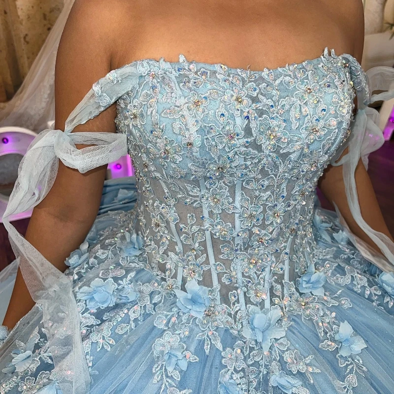 Mexican Sky Blue Quinceanera Dresses Ball Gown Beaded Lace Appliques Bow Sweet 16 Dress Princess Lace Up Vestido De 15 Anos