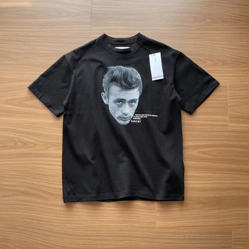 

Черно-белая мужская футболка с портретным эскизом Sacai, японская мужская и женская хлопковая одежда высокого качества, футболка большого размера, топы
