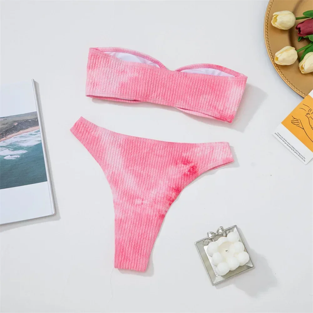 Pink Tie Dye Print Bikini Bandeau Swimsuit Thong Rings Sexy Women Tube Top Swimwear Two Piece Bathing Beach Suit Bikinis Outfits