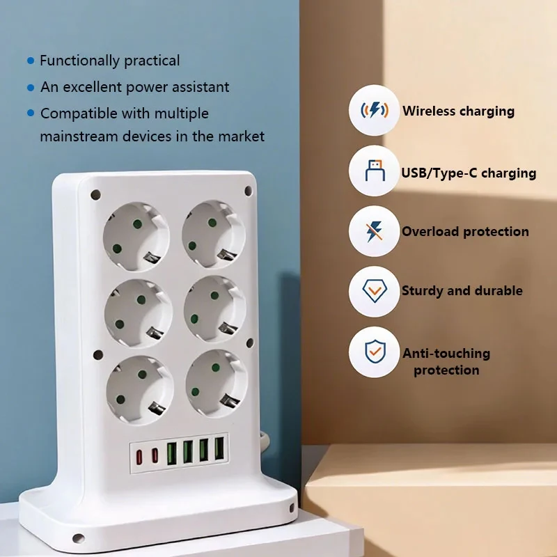 Tower Power Strip Multi Outlets 8 AC Outlets Socket With 4 USB +2 Type C 1.5M Extension Cable EU Plug Vertical Electric Socket