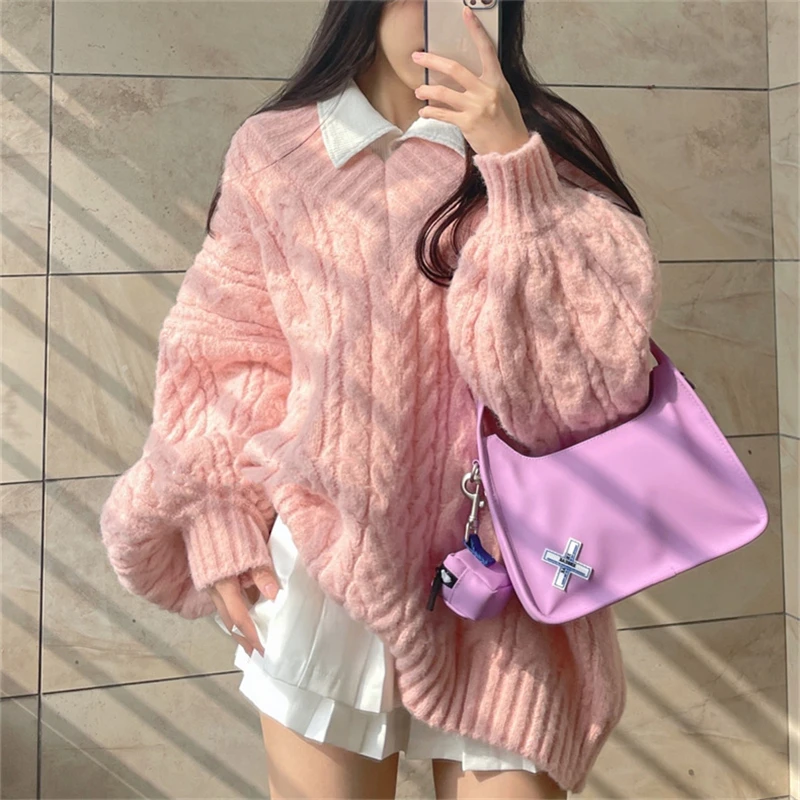 

2025 Autumn Winter New Knitwear Pink V-neck Lazy Gentle Wind Twist Pullover Sweater Women's Loose Sweater Tops One Size