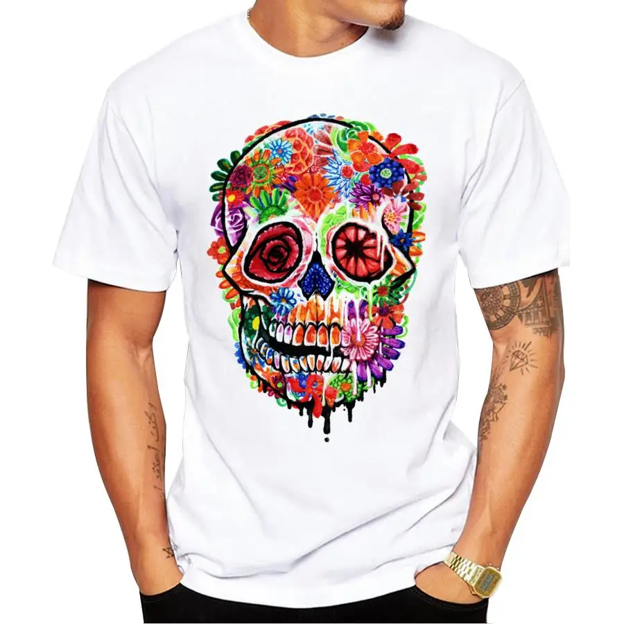 

2018 Men Summer T-Shirt Creative Melting Flower Skull Printed Men's Tops Short Sleeve Casual T Shirts