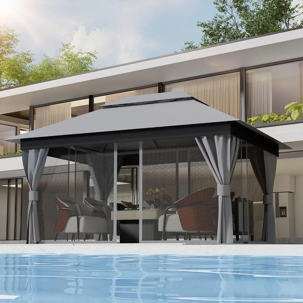

Outdoor Gazebo for Patio 10'x13' - Heavy Duty Steel Frame Canopy Party Tent Shelter with Double Roofs, Mosquito Net and Privacy