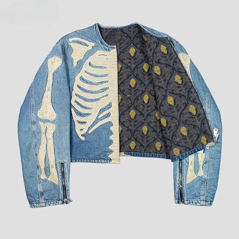 2024 Summer Fashion New Trend Bone Embroidered Denim Jacket Unisex Loose Vintage Jeans Jacket Street Wear Hip Hop Denim Jacket