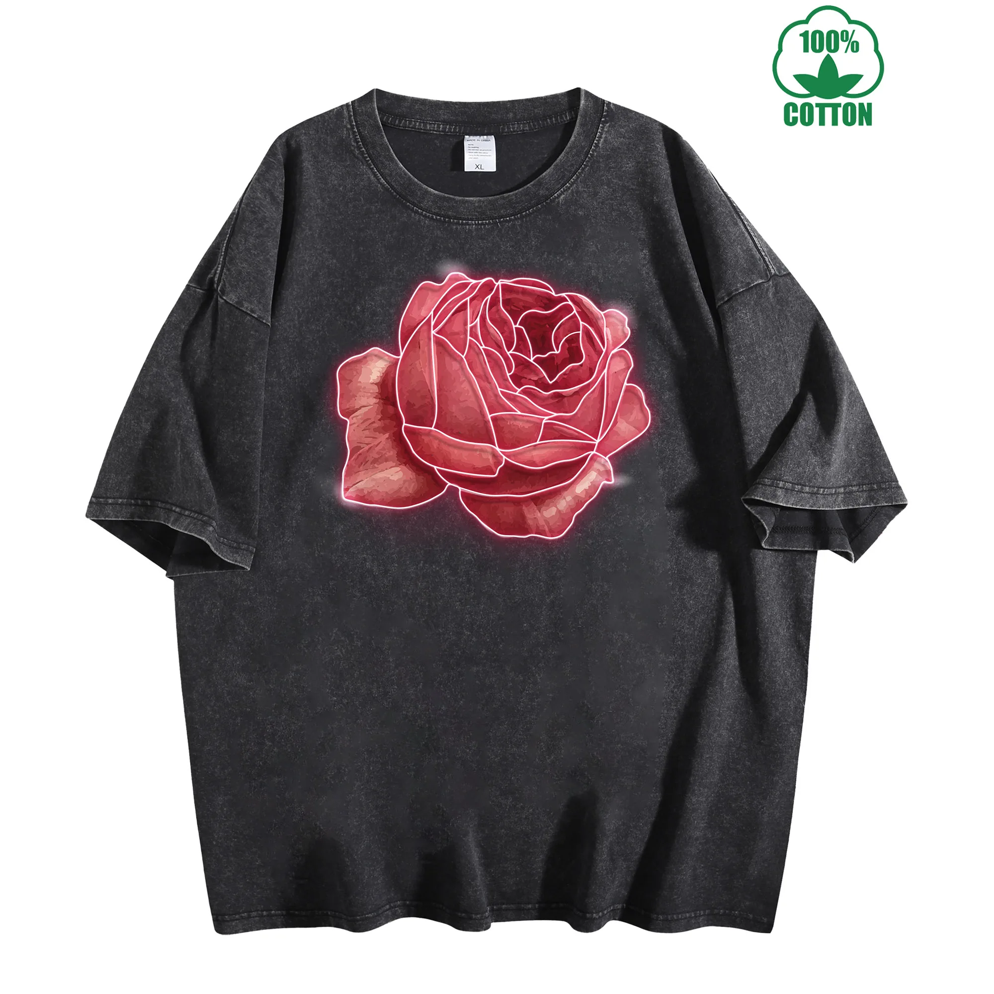 

Винтажная потертая футболка Neon Rose, 230 г, 100% хлопок, удобная уличная одежда большого размера, унисекс
