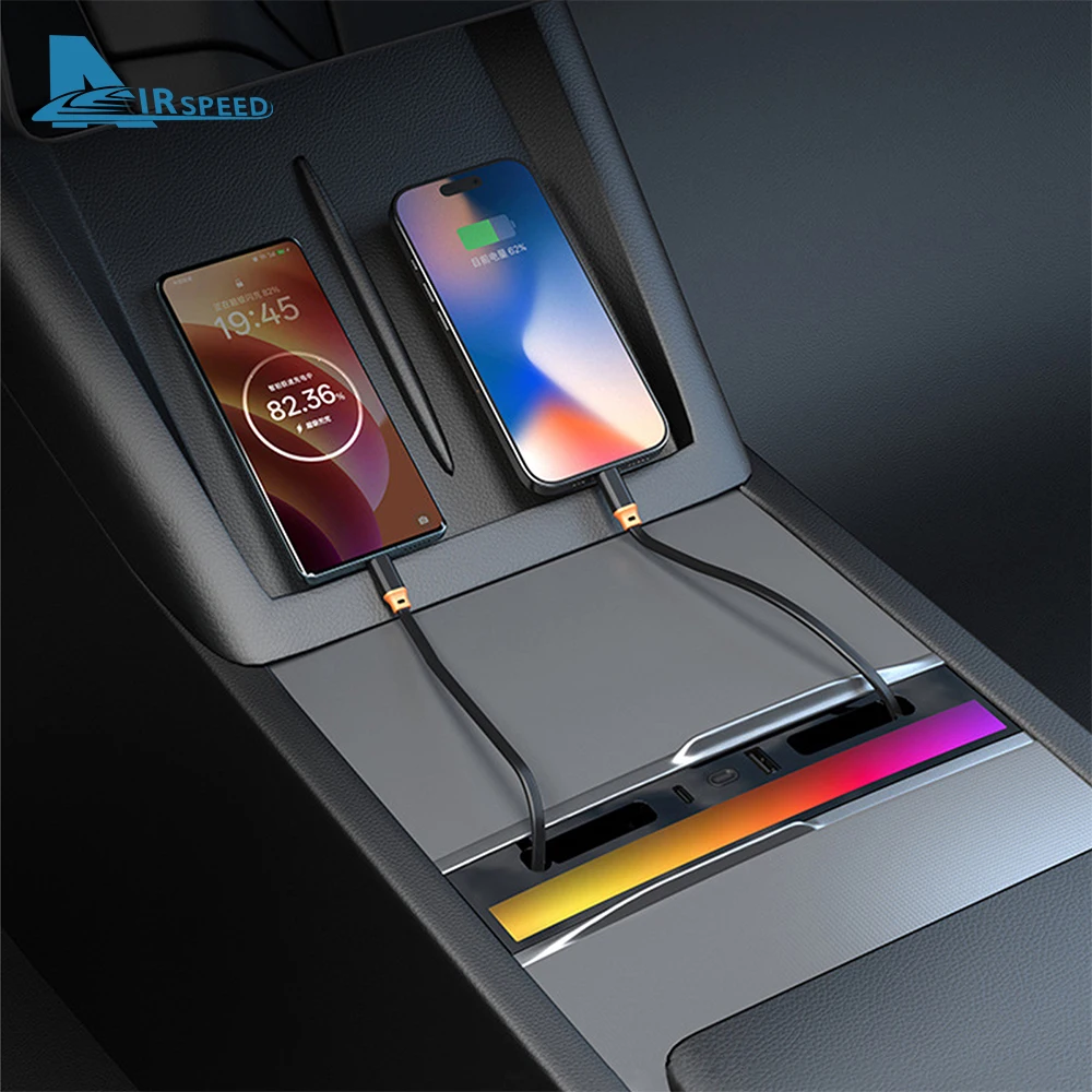 27W Car USB Hub Docking Station Ambient Light Charging for Tesla Model Y YL Juniper 2025 2026 2027-Up Model 3 Highland 2024-UP