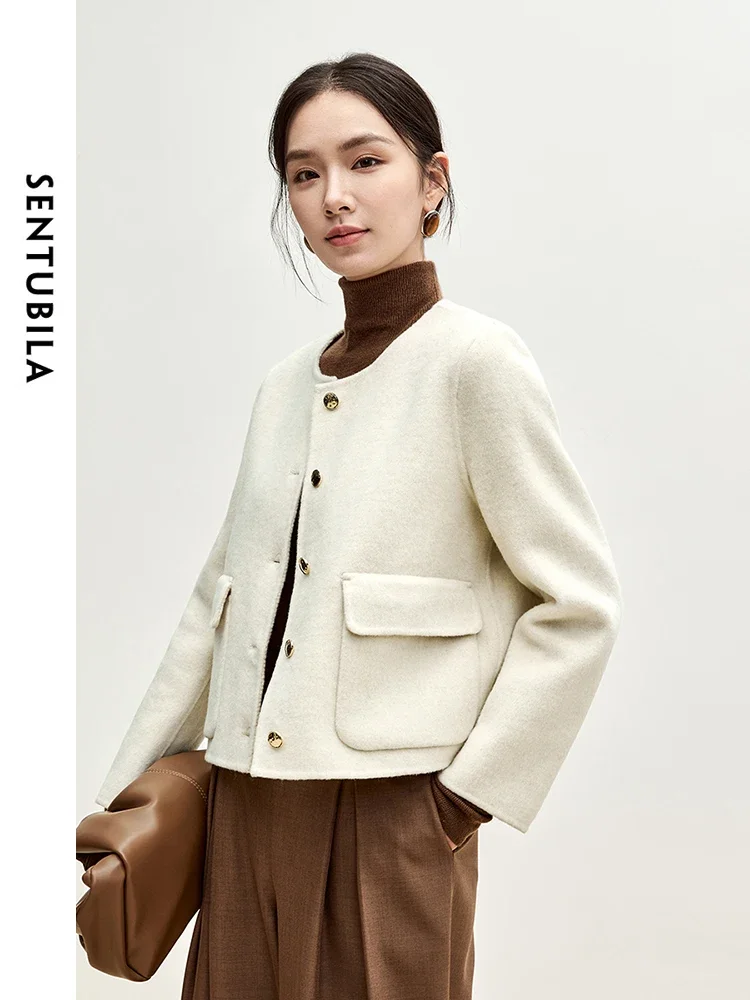 

SENTUBILA Women Wool Cropped Jackets 2025 Winter Crew Neck Metal Single Breasted Pockets Office Lady Elegant Outerwear W44O56000